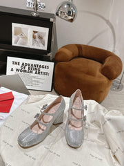 TRÈS VIVIER MARY JANE DOUBLE-STRAP PUMPS IN SILVER CALFSKIN FULLY EMBELLISHED CRYSTALS