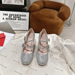 TRÈS VIVIER MARY JANE DOUBLE-STRAP PUMPS IN SILVER CALFSKIN FULLY EMBELLISHED CRYSTALS