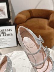 TRÈS VIVIER MARY JANE DOUBLE-STRAP PUMPS IN SILVER CALFSKIN FULLY EMBELLISHED CRYSTALS