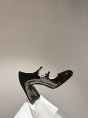 TRÈS VIVIER MARY JANE DOUBLE-STRAP PUMPS IN BLACK PATENT CALFSKIN