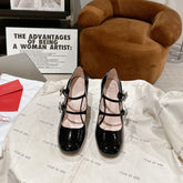 TRÈS VIVIER MARY JANE DOUBLE-STRAP PUMPS IN BLACK PATENT CALFSKIN