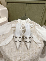 CAGOLE POINTED HIGH MULES IN WHITE SHINY CALFSKIN