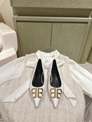 POINTED BB GOLD BUCKLE BALLET FLAT IN WHITE SHINY LAMBSKIN