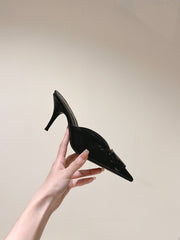 POINTED BB BLACK BUCKLE HIGH MULES IN BLACK SMOOTH LAMBSKIN