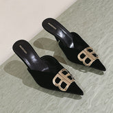 POINTED BB GOLD BUCKLE HIGH MULES IN BLACK VELVET