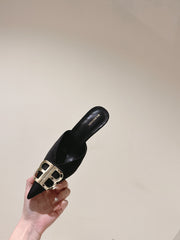 POINTED BB GOLD BUCKLE HIGH MULES IN BLACK SILK