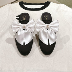 CC MULE WITH SILK WHITE BOW AND BLACK LAMBSKIN