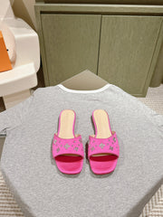 LV WOMEN FLAT MULE IN DEEP PINK SATIN WITH RHINESTONE