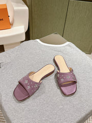 LV WOMEN FLAT MULE IN MAUVE PURPLE SATIN WITH RHINESTONE