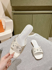 LV WOMEN FLAT MULE IN WHITE SATIN WITH RHINESTONE