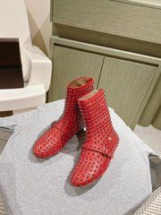 ALAIA SHORT BOOTS IN CHERRY RED LAMBSKIN ATTACH RHINSTONES