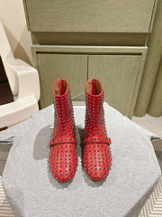 ALAIA SHORT BOOTS IN CHERRY RED LAMBSKIN ATTACH RHINSTONES
