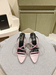 HIGH HEEL MULE 10 CM IN BABY PINK SATIN WITH RHINESTONES