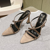 HIGH HEEL MULE 10 CM IN CAMEL BEIGE SATIN WITH RHINESTONES