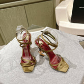 YSL 25S HIGH-HEEL SANDALS 100 MM IN MOSS GREEN SATIN WITH YSL LOGO HEEL DESIGN IN GOLD