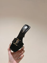 YSL 25S SQUARE-TOE HIGH-HEEL SANDALS 100 MM IN BLACK GLOSSY LAMBSKIN WITH GOLD HARDWARE