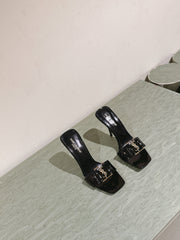 YSL 25S SQUARE-TOE HIGH-HEEL SANDALS 100 MM IN BLACK GLOSSY LAMBSKIN WITH GOLD HARDWARE