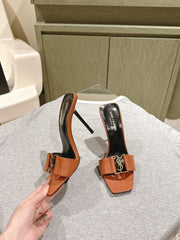 YSL 25S SQUARE-TOE HIGH-HEEL SANDALS 100 MM IN BURNT ORANGE BROWN LAMBSKIN WITH GOLD HARDWARE