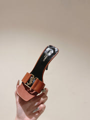 YSL 25S SQUARE-TOE HIGH-HEEL SANDALS 100 MM IN BURNT ORANGE BROWN LAMBSKIN WITH GOLD HARDWARE