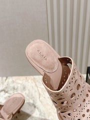 ALAIA HIGH HEEL CHUNKY TWO-STRAP 25S IN PINK BEIGE SUEDE