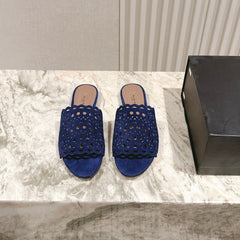 ALAIA PERFORATED SLIDE SANDALS 25S IN NAVY BLUE SUEDE
