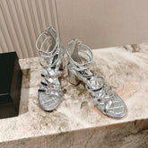 CC HIGH SANDAL 25S IN SILVER LAMBSKIN PEARL FLOWERS