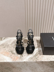 YSL 25S STILETTO HIGH-HEEL SANDALS 100 MM IN BLACK LAMBSKIN WITH GOLD HARDWARE