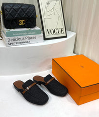 IENA MULE BLACK CANVAS AND BROWN CALFSKIN