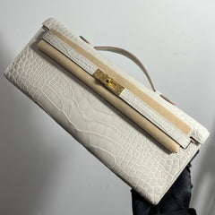 KELLY CUT 31 IN WHITE SHINNY ALLIGATOR LEATHER WITH GOLD HARDWARE