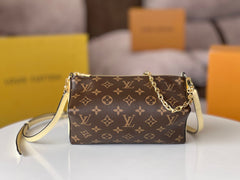 BLOOM POUCH 22 IN BROWN MONOGRAM CANVAS AND PASTEL YELLOW CALFSKIN SIDES