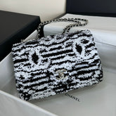 FLAP BAG 20 IN BLACK AND WHITE SEQUINS SILVER HARDWARE