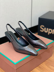 LP POINTED TOE MID-HEEL SLINGBACK DARK BROWN CALFSKIN