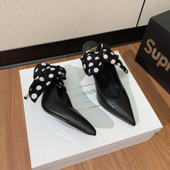 BALMAIN 25S BAKARI MULE WITH MONOCHROME POLKA DOT STRAP 95MM IN BLACK CALFSKIN