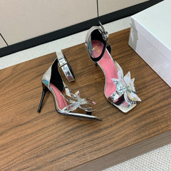 BALMAIN 25S RUBY SILVER HEELED SANDALS 95MM IN PATENT CALFSKIN