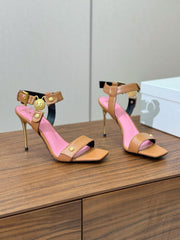 BALMAIN 25S HEELED EVA SANDALS 95MM IN BROWN AND PINK CALFSKIN