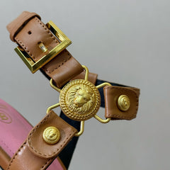 BALMAIN 25S HEELED EVA SANDALS 95MM IN BROWN AND PINK CALFSKIN