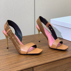 BALMAIN 25S JACQUARD KNIT SLINGBACK PUMPS 95MM IN BROWN AND PINK CALFSKIN