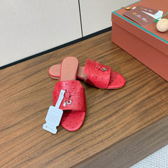 FLAT SLIPPERS IN RED LAMBSKIN OSTRICH SKIN