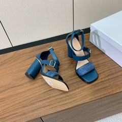 THREE-STRAP HIGH-HEELED EMBROIDERED SANDALS NAVY BLUE