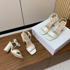 HIGH HEEL EMBROIDERED SANDAL IN WHITE CALFSKIN AND WOVEN STRAPS