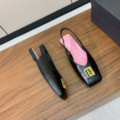 BALMAIN 25S FLAT EDEN SLINGBACKS IN BLACK CALFSKIN