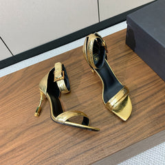 BALMAIN 25S SQUARE STRAP HIGH HEELS 100MM IN GOLD CALFSKIN