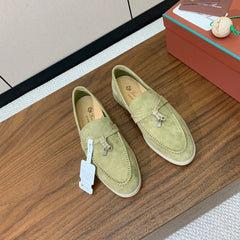 LP LOAFERS 25S IN DRIED LEAF GREEN CASHMERE WITH SILVER HARDWARE