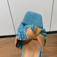 BALMAIN 25S HIGH HEEL MULES 95MM IN WARM CARAMEL DENIM AND CALFSKIN