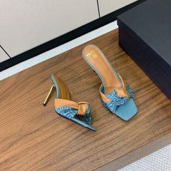 BALMAIN 25S HIGH HEEL MULES 95MM IN WARM CARAMEL DENIM AND CALFSKIN