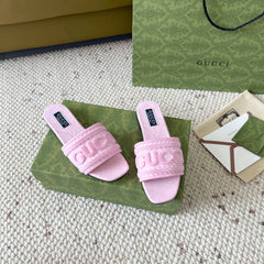 GG SLIDE SANDAL WITH GUCCI SCRIPT PASTEL PINK DENIM