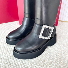 VIV' RANGERS HIGH BIKER IN BLACK CALFSKIN CRYSTAL BUCKLE