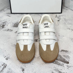 RETRO SNEAKERS WITH RIPTAPE STRAPS IN WHITE LAMBSKIN MIX PEANUT SUEDE