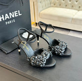 CC Little Camellia World Thin High Sandals Black Lambskin