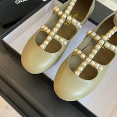 MARY JANES SHOES ECRU BEIGE GOATSKIN WITH FAUX PEARL